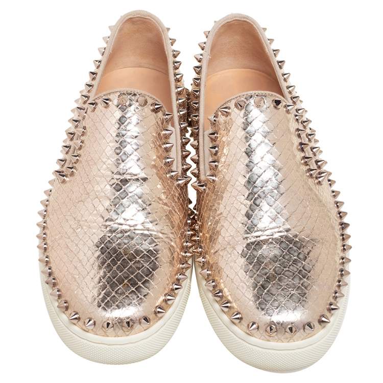Pre Owned Christian Louboutin Gold Python Embossd  Leather Spike Slip On Sneakers Size 37