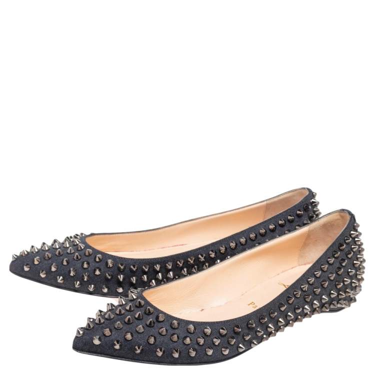 Pre Owned Christian Louboutin Black Canvas Pigalle Spike Ballet Flats Size 37.5