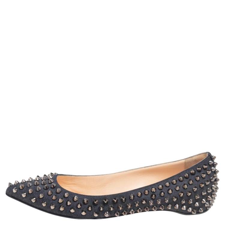 Pre Owned Christian Louboutin Black Canvas Pigalle Spike Ballet Flats Size 37.5