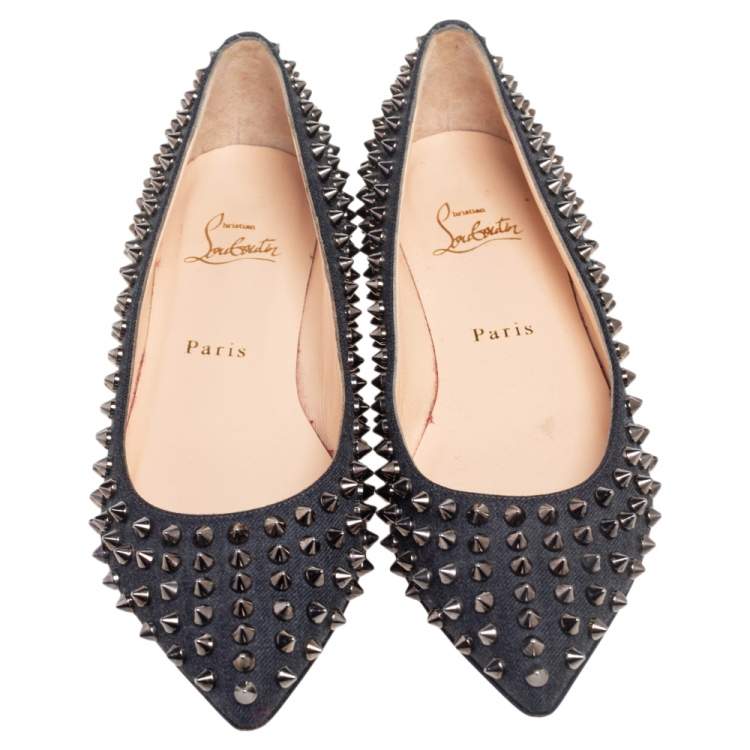 Pre Owned Christian Louboutin Black Canvas Pigalle Spike Ballet Flats Size 37.5