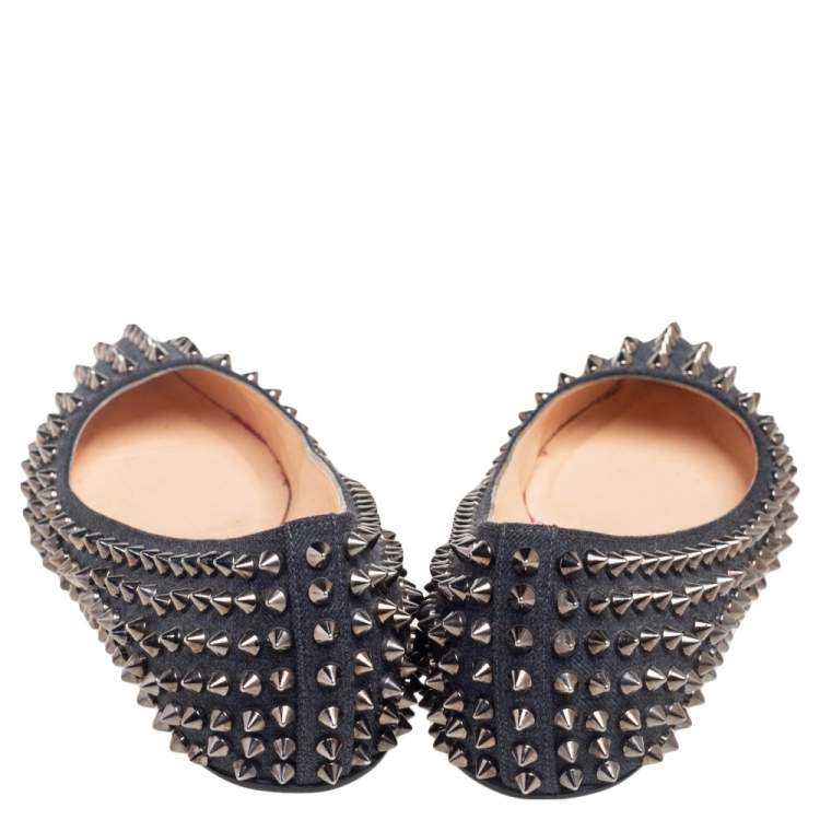 Pre Owned Christian Louboutin Black Canvas Pigalle Spike Ballet Flats Size 37.5