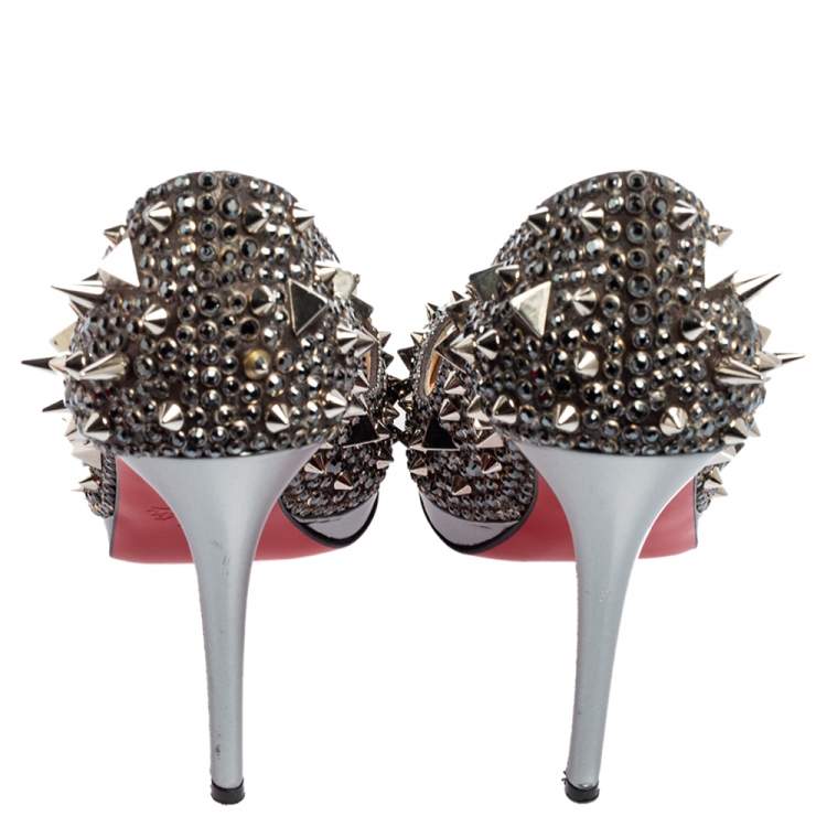 Pre Owned Christian Louboutin Metallic Silver Spike Embellished Lady Peep Toe Platform Pumps Size 37.5