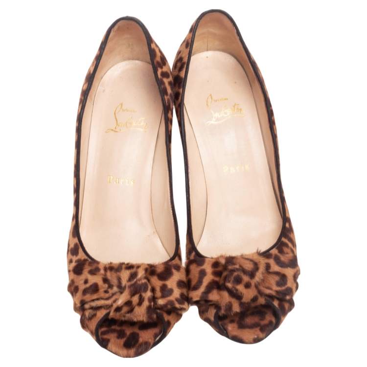 Pre Owned Christian Louboutin Brown Animal Print Calf Hair Knotted Peep Toe Pumps Size 39