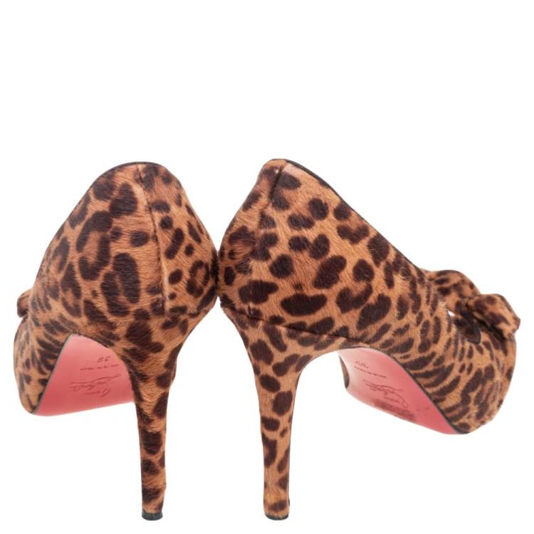 Pre Owned Christian Louboutin Brown Animal Print Calf Hair Knotted Peep Toe Pumps Size 39