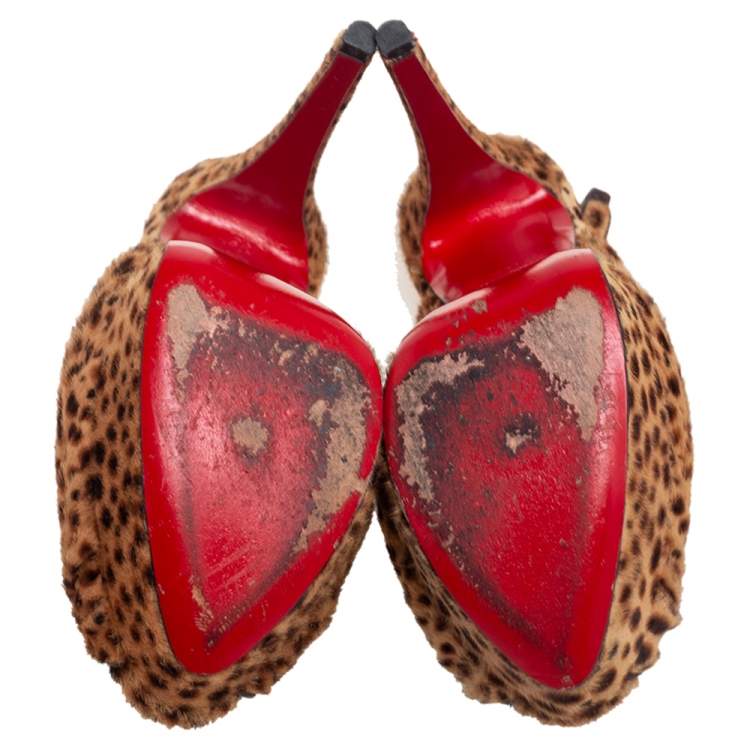 Pre Owned Christian Louboutin Brown Leopard Print Calf Hair Jenny Slingback Pumps Size 37.5 