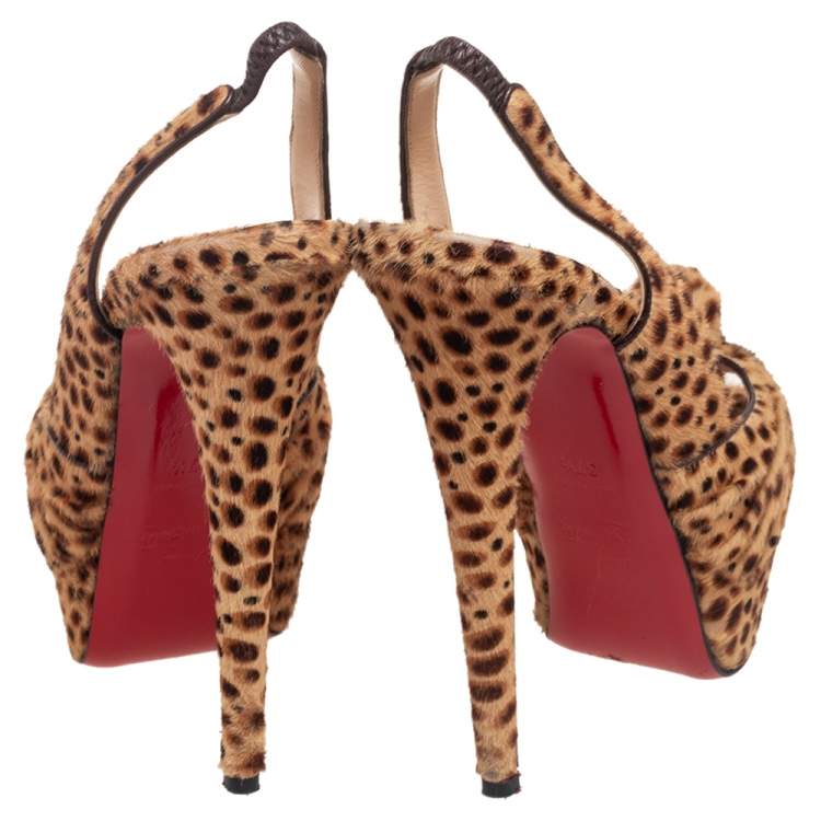 Pre Owned Christian Louboutin Brown Leopard Print Calf Hair Jenny Slingback Pumps Size 37.5 