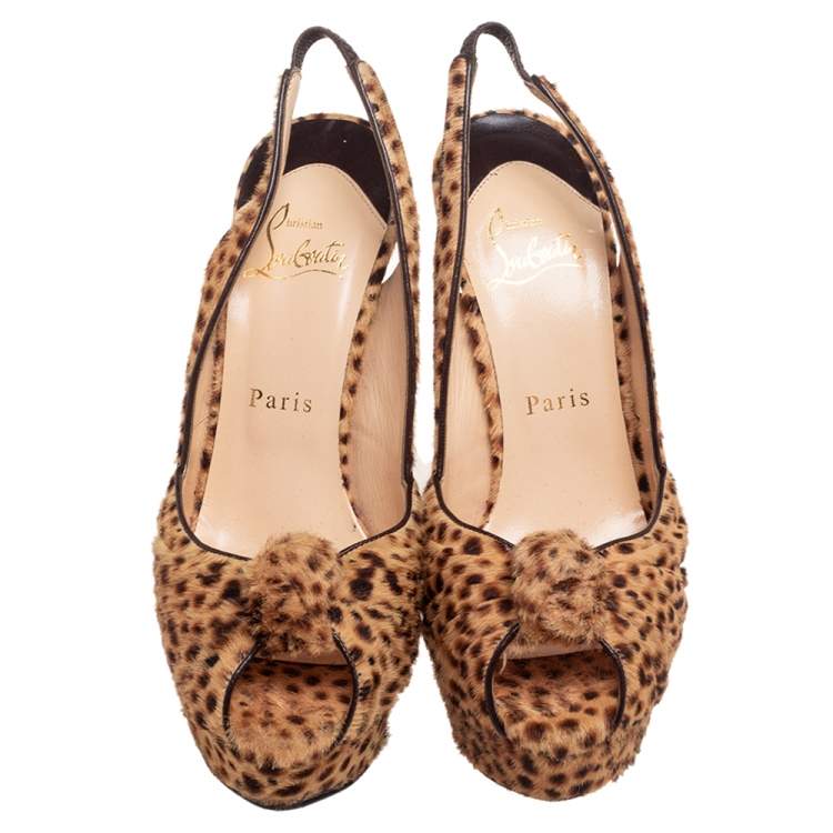 Pre Owned Christian Louboutin Brown Leopard Print Calf Hair Jenny Slingback Pumps Size 37.5 