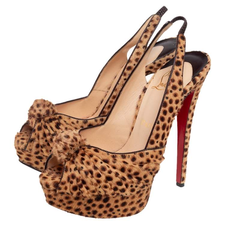 Pre Owned Christian Louboutin Brown Leopard Print Calf Hair Jenny Slingback Pumps Size 37.5 