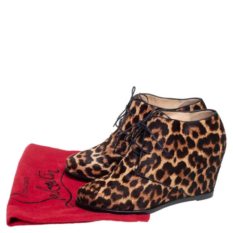 Pre Owned Christian Louboutin Brown Leopard Print Calf Hair Lady Schuss Wedge Ankle Boots Size 38