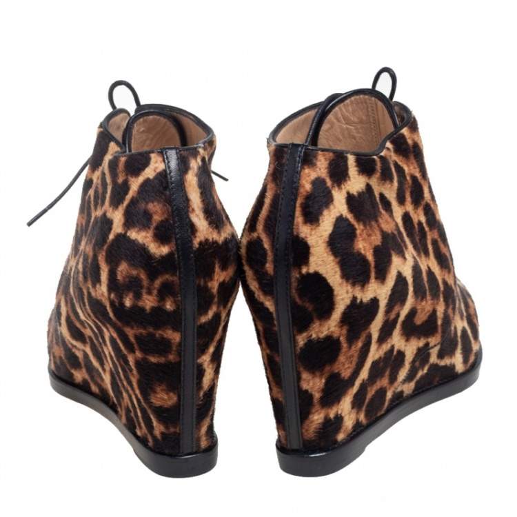 Pre Owned Christian Louboutin Brown Leopard Print Calf Hair Lady Schuss Wedge Ankle Boots Size 38