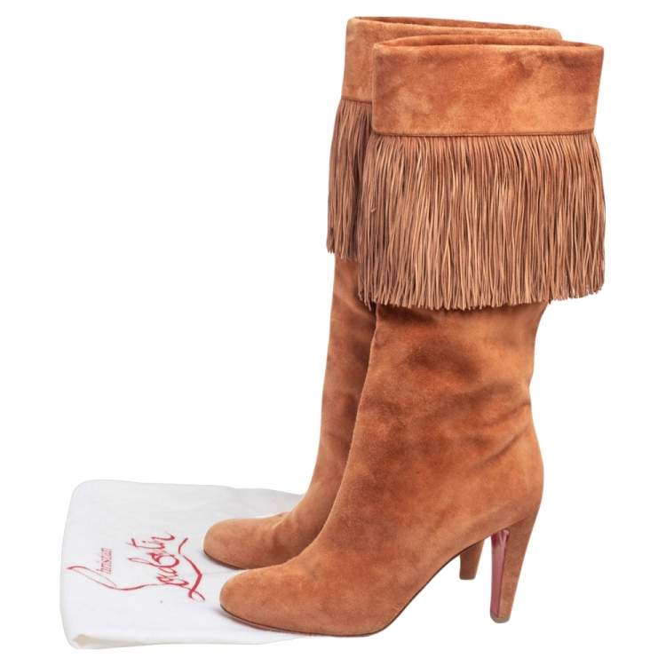 مملوكة مسبقًا Christian Louboutin Tan Suede Majung 85 Fringe Mid Calf Boots Size 39.5
