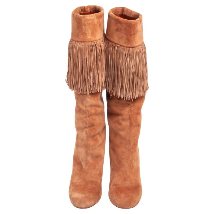 مملوكة مسبقًا Christian Louboutin Tan Suede Majung 85 Fringe Mid Calf Boots Size 39.5