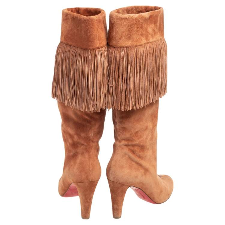 مملوكة مسبقًا Christian Louboutin Tan Suede Majung 85 Fringe Mid Calf Boots Size 39.5