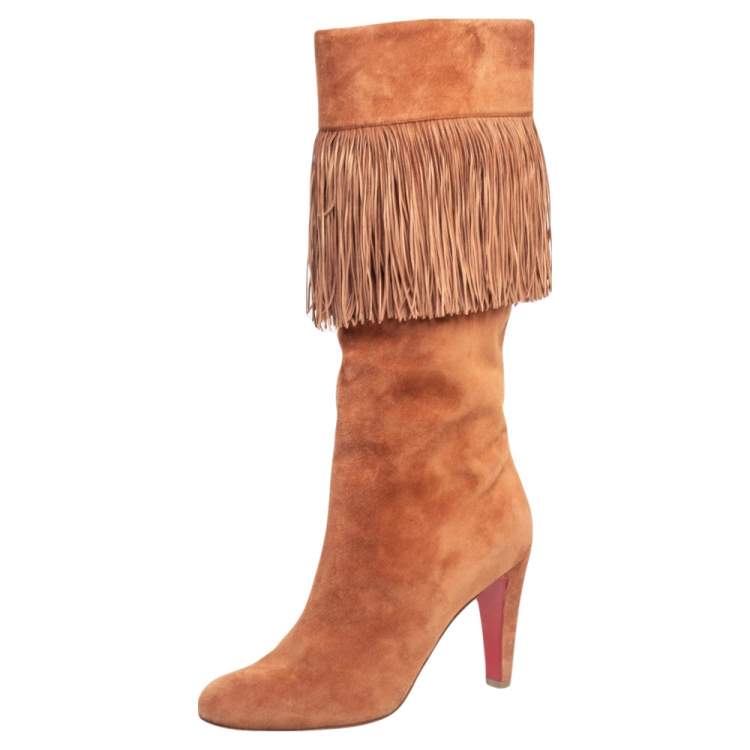 مملوكة مسبقًا Christian Louboutin Tan Suede Majung 85 Fringe Mid Calf Boots Size 39.5
