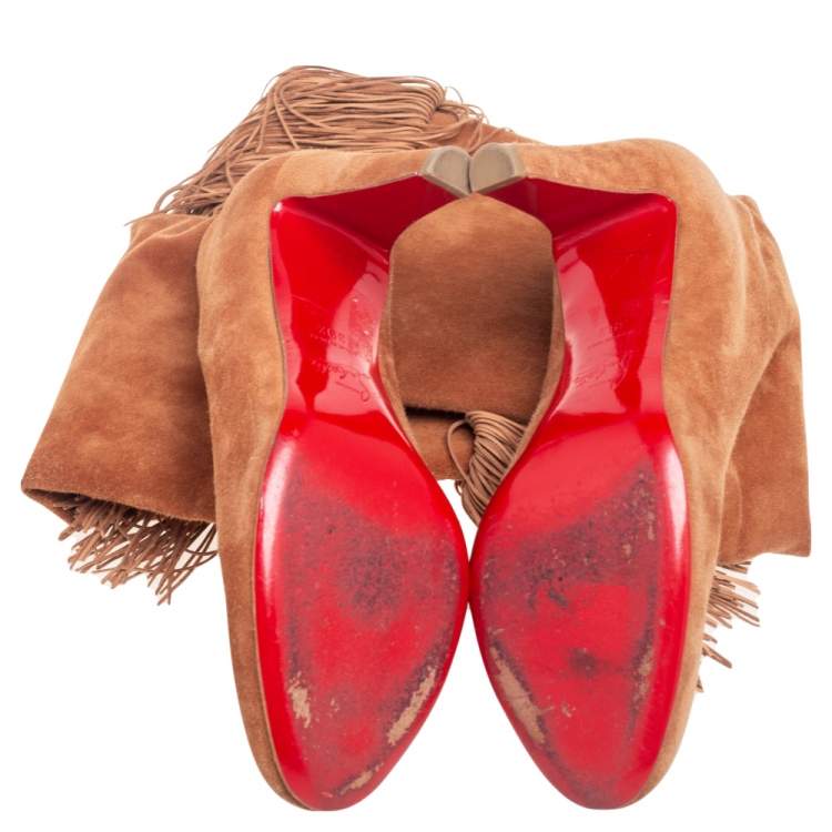 مملوكة مسبقًا Christian Louboutin Tan Suede Majung 85 Fringe Mid Calf Boots Size 39.5