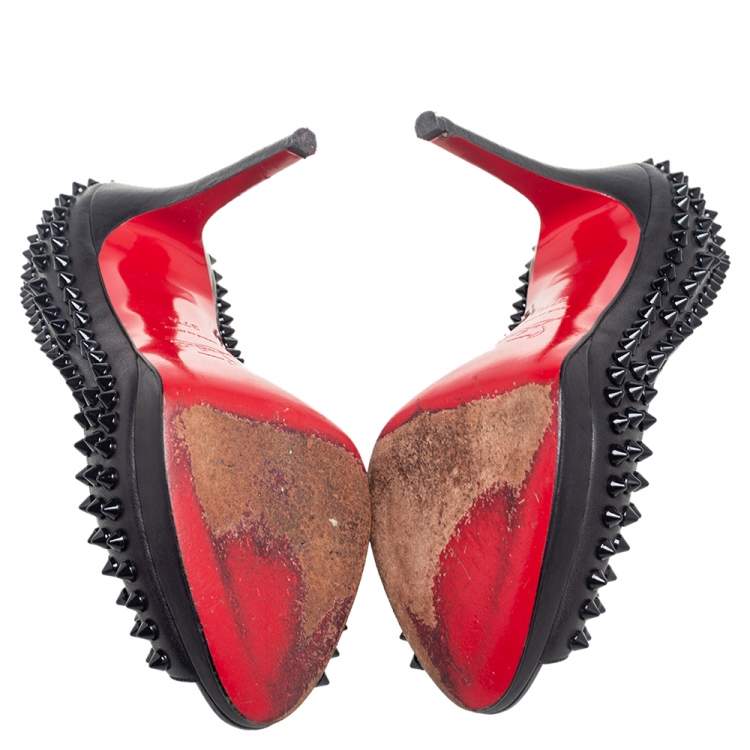 Pre Owned Christian Louboutin Black Leather Yolanda Spikes Peep Toe Pumps Size 37.5