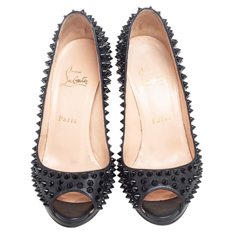 Pre Owned Christian Louboutin Black Leather Yolanda Spikes Peep Toe Pumps Size 37.5