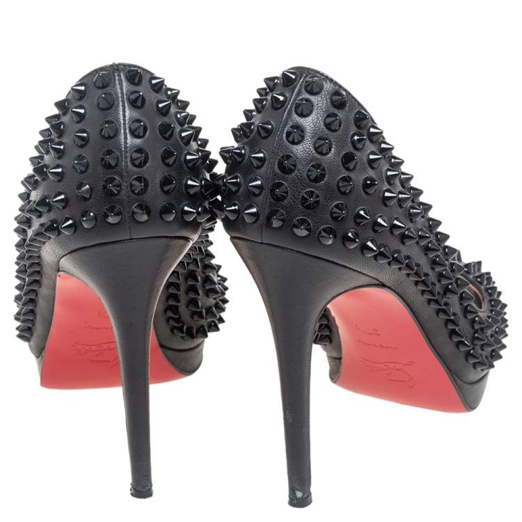 Pre Owned Christian Louboutin Black Leather Yolanda Spikes Peep Toe Pumps Size 37.5