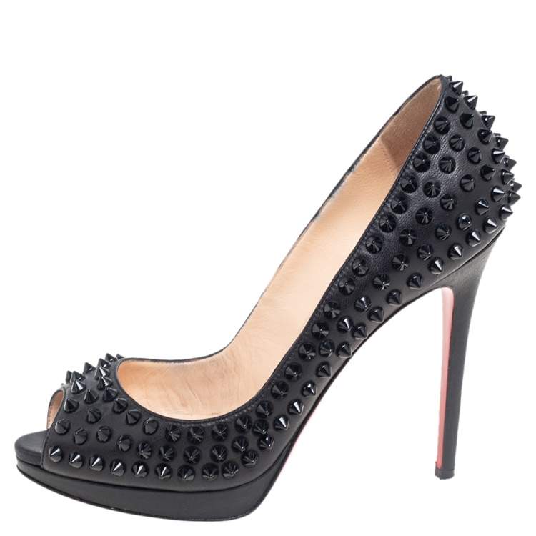Pre Owned Christian Louboutin Black Leather Yolanda Spikes Peep Toe Pumps Size 37.5