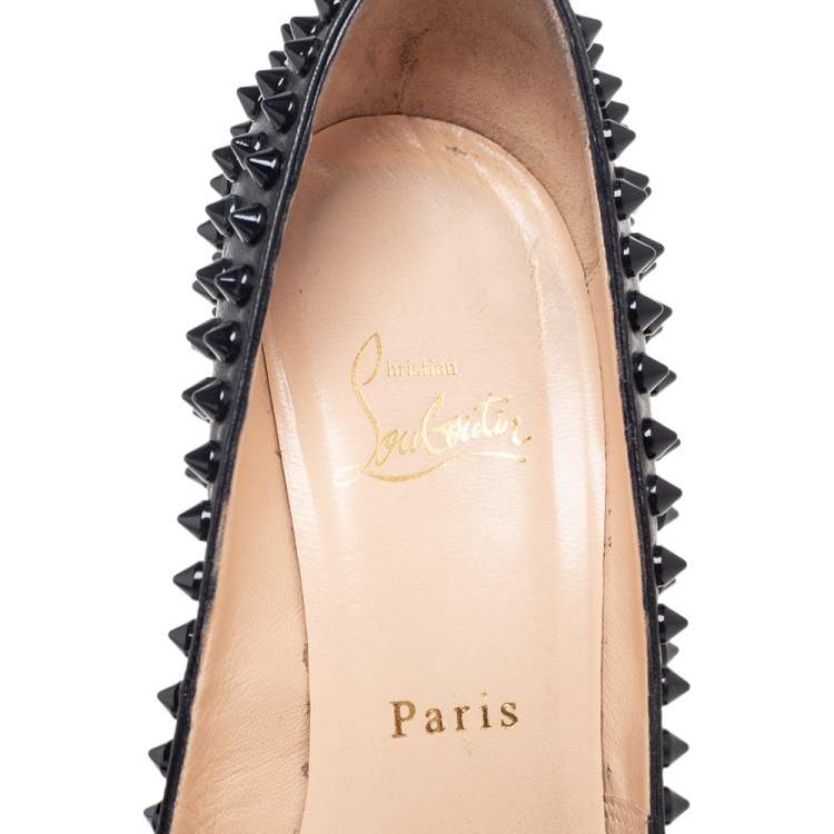 Pre Owned Christian Louboutin Black Leather Yolanda Spikes Peep Toe Pumps Size 37.5
