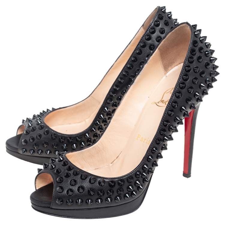 Pre Owned Christian Louboutin Black Leather Yolanda Spikes Peep Toe Pumps Size 37.5