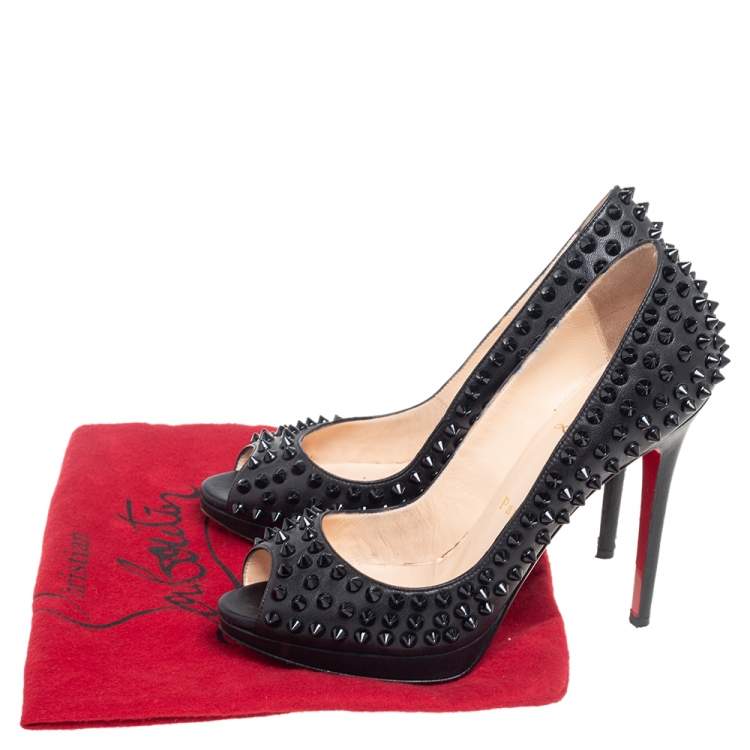 Pre Owned Christian Louboutin Black Leather Yolanda Spikes Peep Toe Pumps Size 37.5
