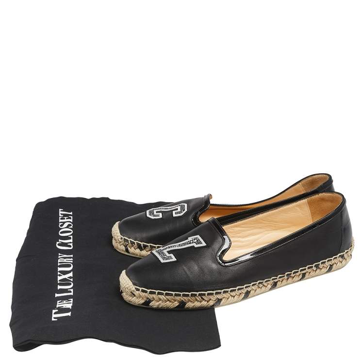 Pre Owned Christian Louboutin Black Leather and Patent Leather Embellished Espadrilles Flats Size 38