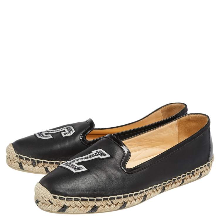 Pre Owned Christian Louboutin Black Leather and Patent Leather Embellished Espadrilles Flats Size 38