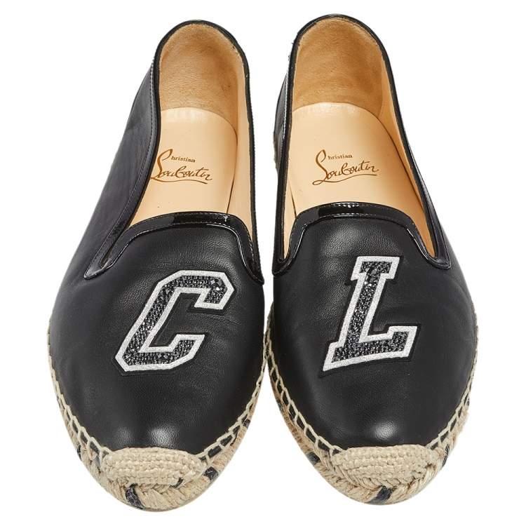 Pre Owned Christian Louboutin Black Leather and Patent Leather Embellished Espadrilles Flats Size 38