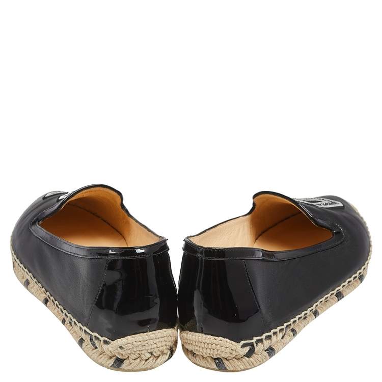 Pre Owned Christian Louboutin Black Leather and Patent Leather Embellished Espadrilles Flats Size 38
