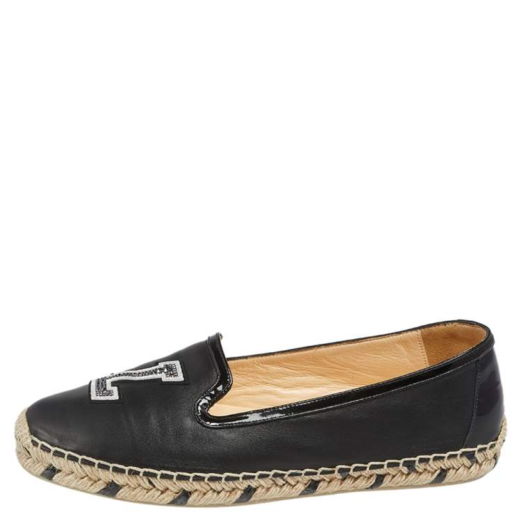 Pre Owned Christian Louboutin Black Leather and Patent Leather Embellished Espadrilles Flats Size 38