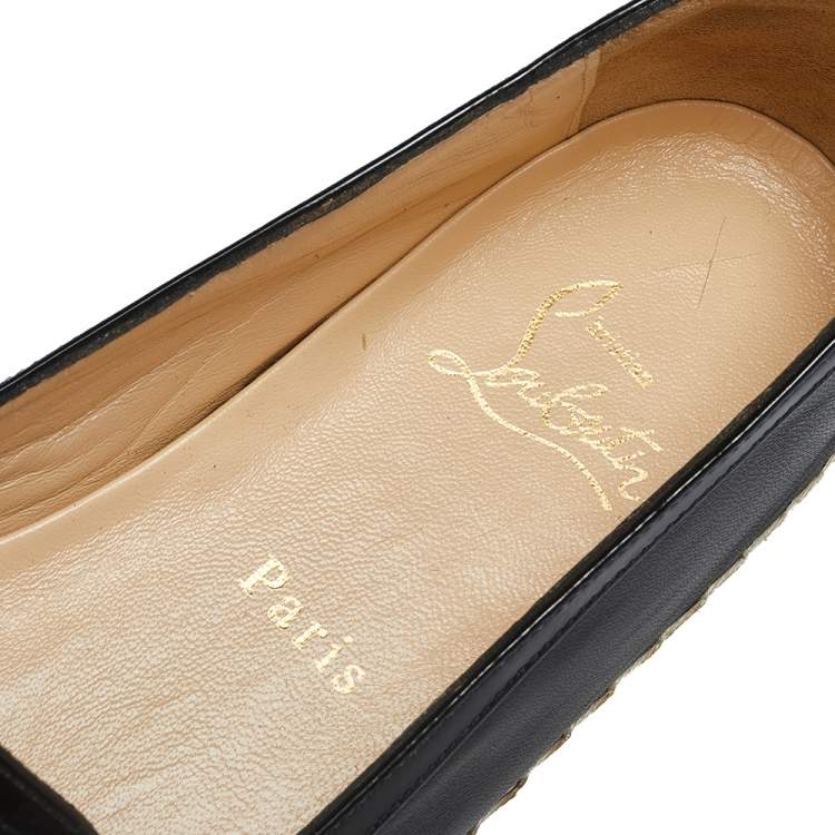 Pre Owned Christian Louboutin Black Leather and Patent Leather Embellished Espadrilles Flats Size 38