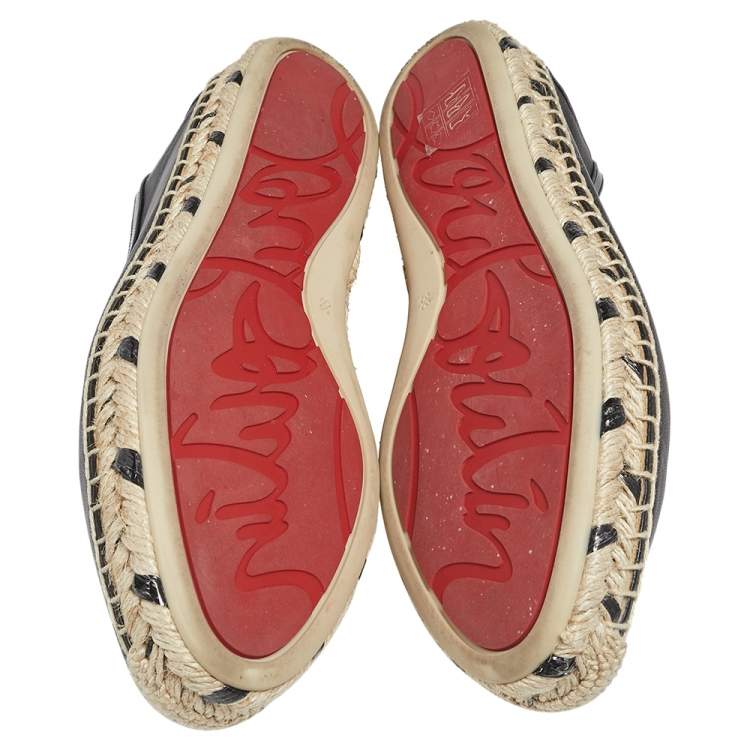 Pre Owned Christian Louboutin Black Leather and Patent Leather Embellished Espadrilles Flats Size 38