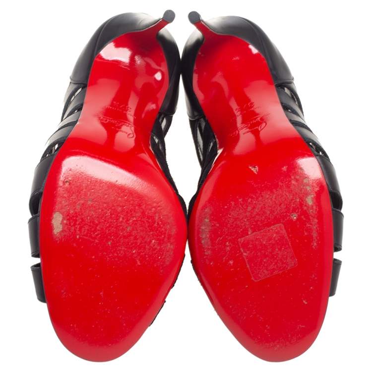 Pre Owned Christian Louboutin Black Leather And Suede Cut-Out Open Toe Ankle Booties Size 37.5