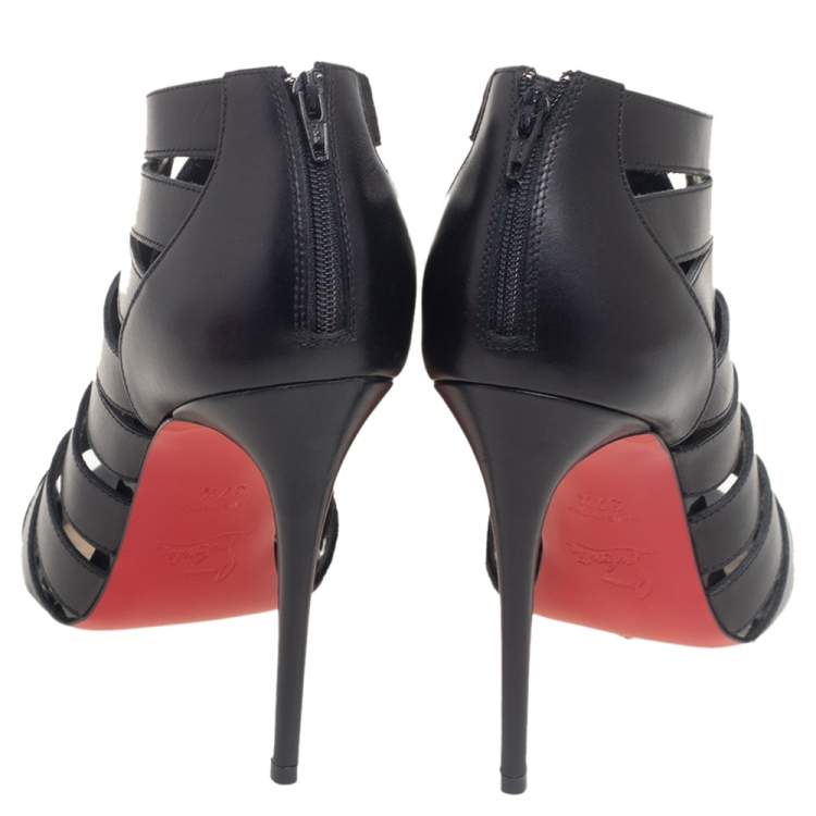 Pre Owned Christian Louboutin Black Leather And Suede Cut-Out Open Toe Ankle Booties Size 37.5
