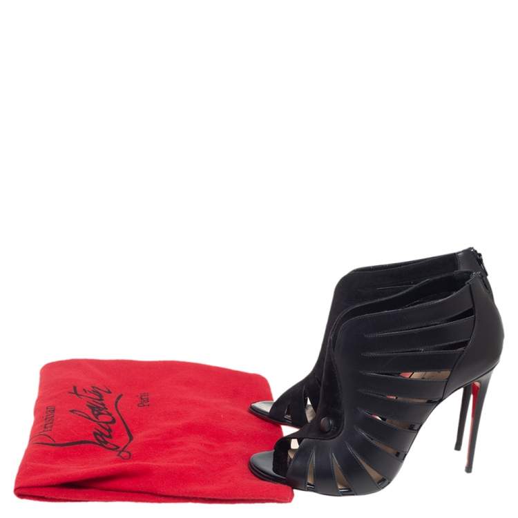 Pre Owned Christian Louboutin Black Leather And Suede Cut-Out Open Toe Ankle Booties Size 37.5