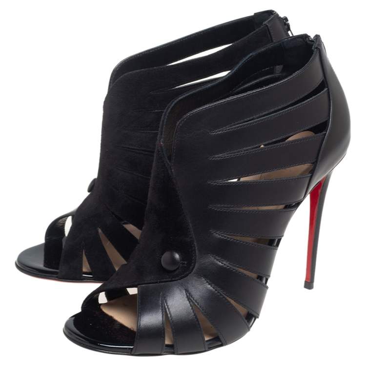 Pre Owned Christian Louboutin Black Leather And Suede Cut-Out Open Toe Ankle Booties Size 37.5