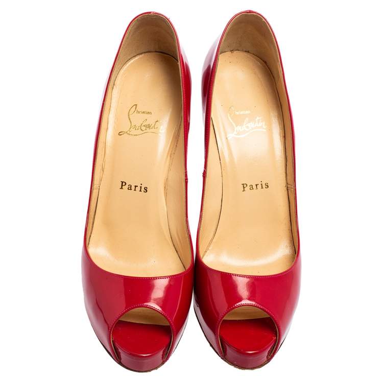 Pre Owned Christian Louboutin Red Patent Leather Lady Peep Toe Platform Pumps Size 39.5