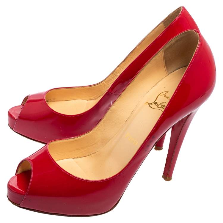 Pre Owned Christian Louboutin Red Patent Leather Lady Peep Toe Platform Pumps Size 39.5