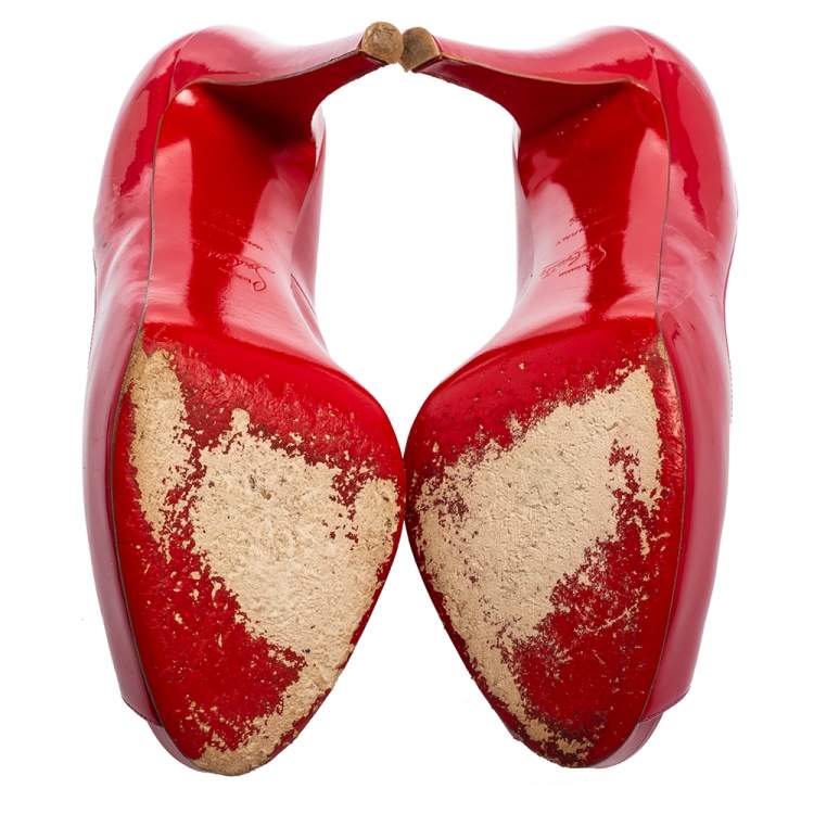 Pre Owned Christian Louboutin Red Patent Leather Lady Peep Toe Platform Pumps Size 39.5