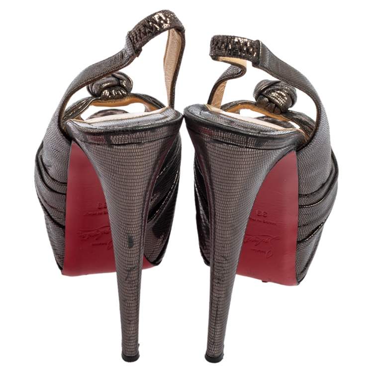Pre Owned Christian Louboutin Metallic Bronze Lizard Embossed Leather Miss Benin Knotted Platform Slingback Sandals Size 39