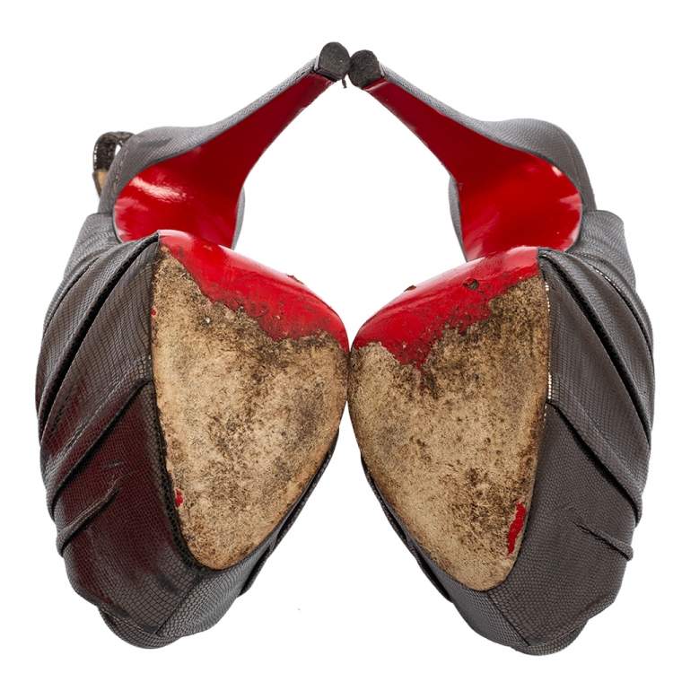Pre Owned Christian Louboutin Metallic Bronze Lizard Embossed Leather Miss Benin Knotted Platform Slingback Sandals Size 39
