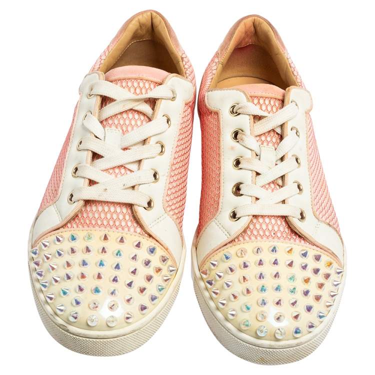 Pre Owned Christian Louboutin Pink Fabric And Patent Leather Spiked Louis Junior Sneakers Size 40.5