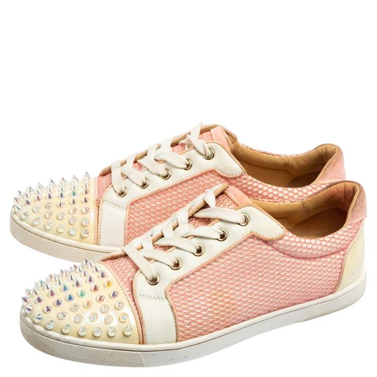 Pre Owned Christian Louboutin Pink Fabric And Patent Leather Spiked Louis Junior Sneakers Size 40.5
