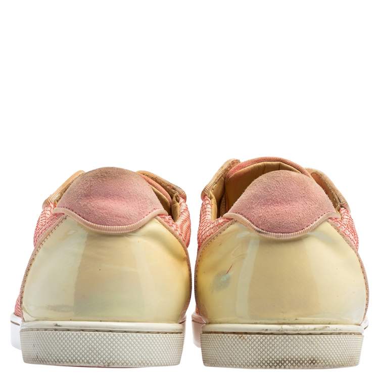 Pre Owned Christian Louboutin Pink Fabric And Patent Leather Spiked Louis Junior Sneakers Size 40.5