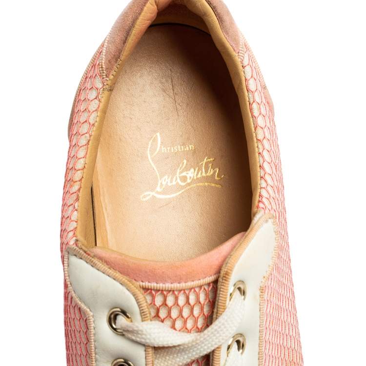 Pre Owned Christian Louboutin Pink Fabric And Patent Leather Spiked Louis Junior Sneakers Size 40.5