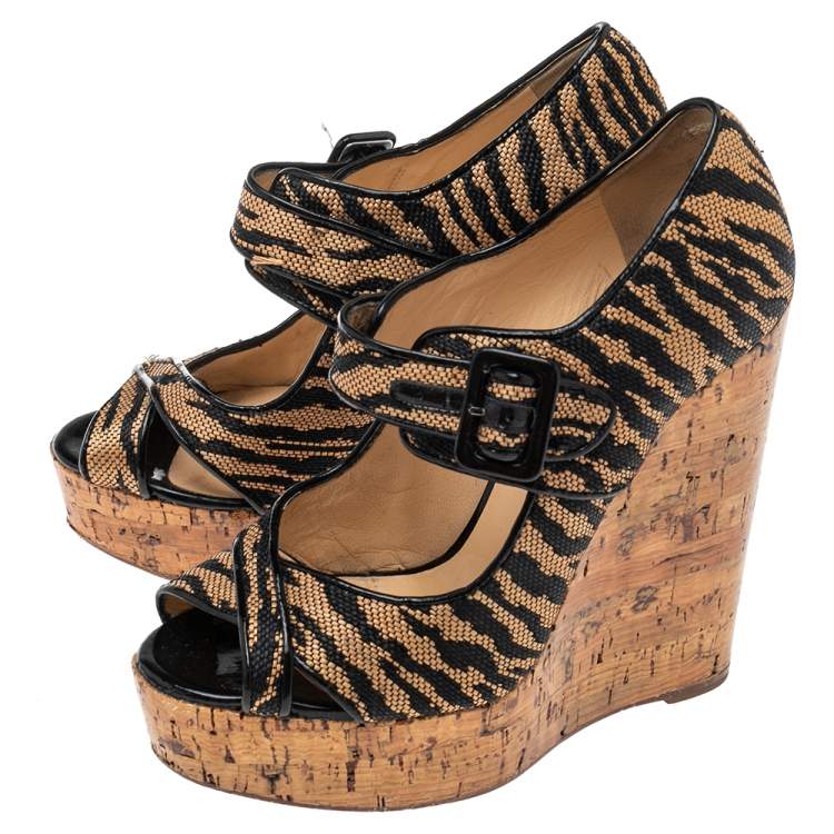 Pre Owned Christian Louboutin Brown Raffia Tiger Melides Wedge Sandals Size 38.5
