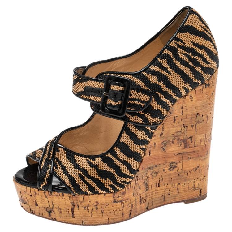 Pre Owned Christian Louboutin Brown Raffia Tiger Melides Wedge Sandals Size 38.5