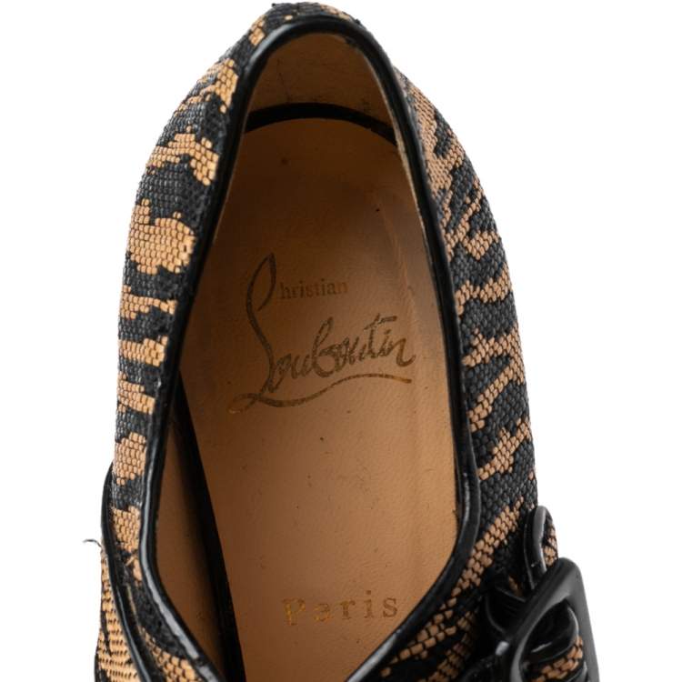 Pre Owned Christian Louboutin Brown Raffia Tiger Melides Wedge Sandals Size 38.5