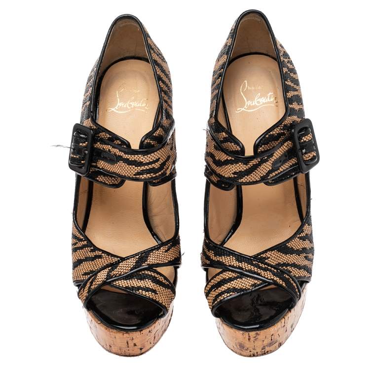 Pre Owned Christian Louboutin Brown Raffia Tiger Melides Wedge Sandals Size 38.5